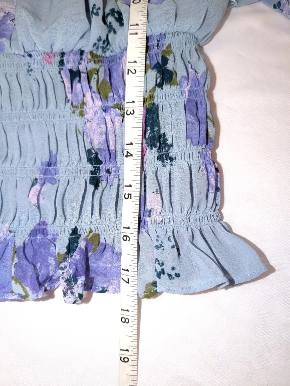 Free People | Daphne Smocked Blouse Blue Floral & Sheer Lace	| Size Medium